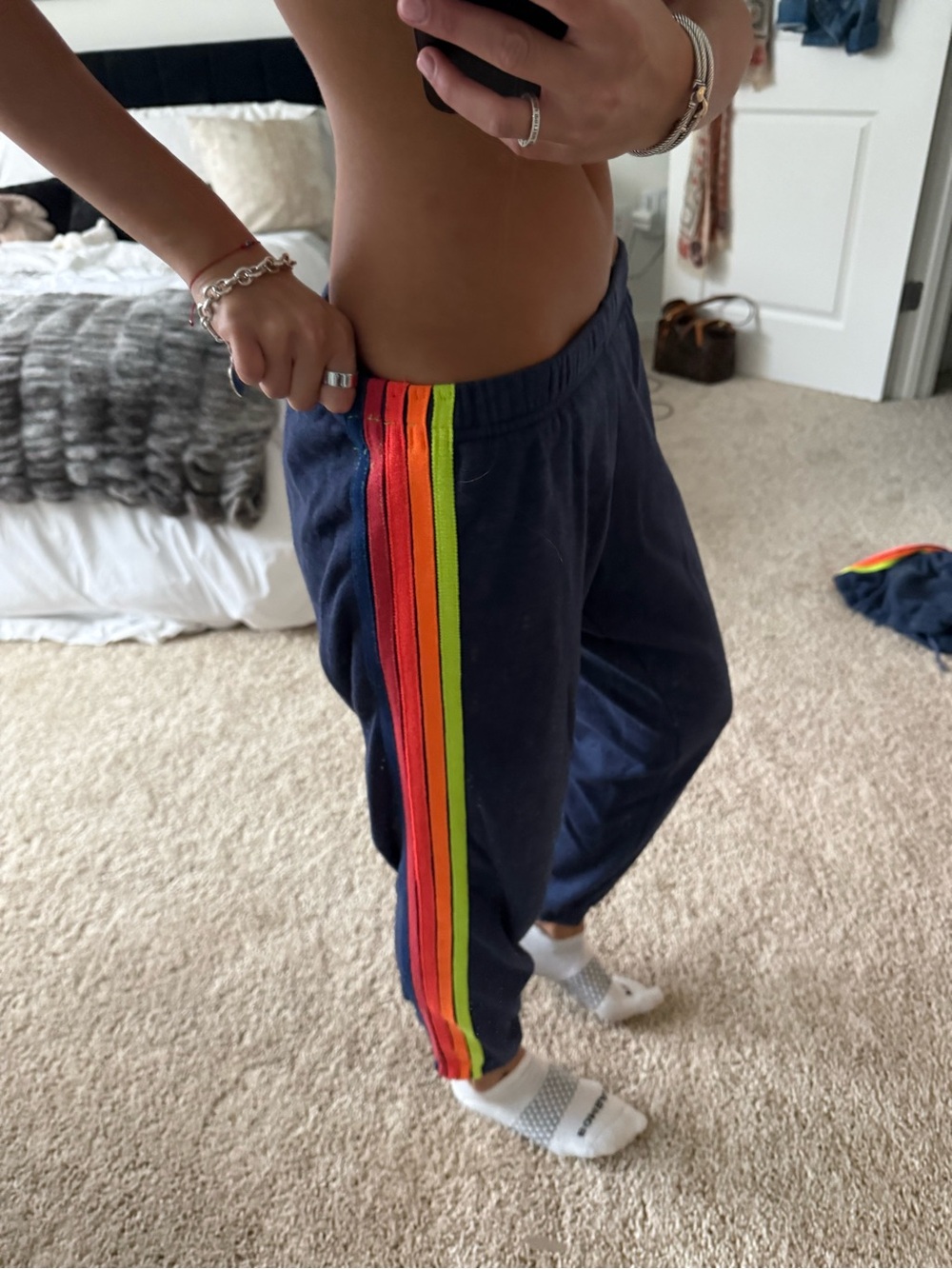 Aviator Nation Navy Track Pants with Neon Rainbow Side Stripes